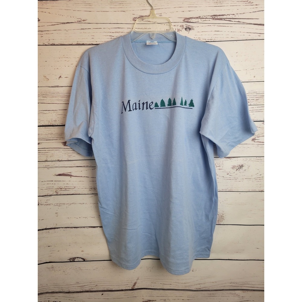 Vtg Jerzees T-shirt Single Stitch Blue Green MAINE Spell out Logo Men's size XL